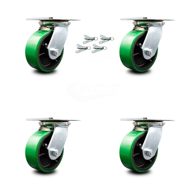 5 Inch Green Poly on Cast Iron Caster Set with Roller Bearings and Swivel Locks